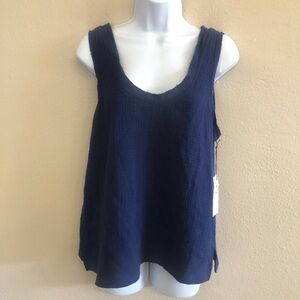 Three Dots Women’s Navy Blue Gauze Raw Hemline V-Neck Sleeveless Tank Size M